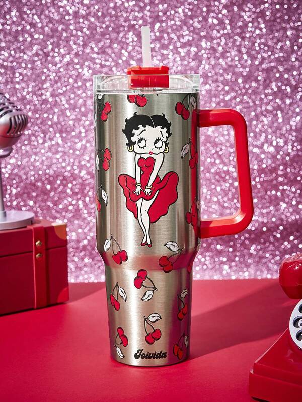 Betty Boop X Joivida Bình nước/ly cà phê bằng thép không gỉ 40oz có tay cầm và ống hút, chống rò rỉ, cách nhiệt (giữ đồ uống nóng hoặc lạnh)