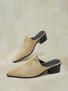 Styleloop Women Shoes Snake Stitching Pointed Western Style Mule Shoes, Retro Embroidered Thick Heel Mules Shoes - Western wind embroidery thread khaki - View 5