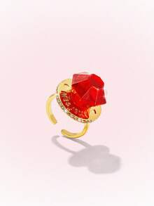 Popjeli Large Octagonal Cut Open Ring, Gilt Lettering Heavy Industry Wide Face Y2K Spice Girl Ring - Gold - Red - View 5
