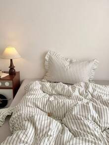 Cirelle 3pcs Cotton Striped Duvet Cover Set, French Vintage Striped Bedding Set With Ruffle Pillow Shams, Soft Breathable Comforter Cover (Duvet Cover No Ruffles, No Insert) - Broad white lotus leaf edge - View 4