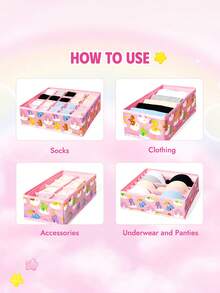 SHEIN X Care Bears Care Bears Printed Fabric Drawer Storage Set, Multi Size Storage Box With Divider Panel Foldable Underwear Socks Storage Box Suitable For Wardrobes And Dressers - Pink - View 2