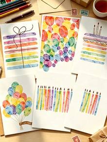 Minimalist Watercolor Rainbow Birthday Greeting Cards, Balloon Cake Candle Happy Birthday Blank Wish Cards With Kraft Envelopes - Sets - View 3