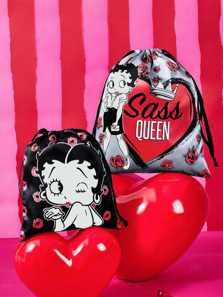 Betty Boop x SHEIN 海洋卡通緞面抽繩收納袋,單件或組合販售,柔軟光滑布料,防塵抽繩設計,適合旅行衣物與盥洗用品收納 - 黑紅色 - 查看 1