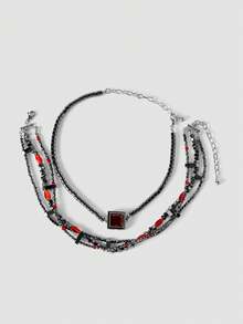 MortiRose Silver Stainless Steel Crystal Bead String Splicing Ruby Embellished Gothic Necklace - Dull Silver - View 1