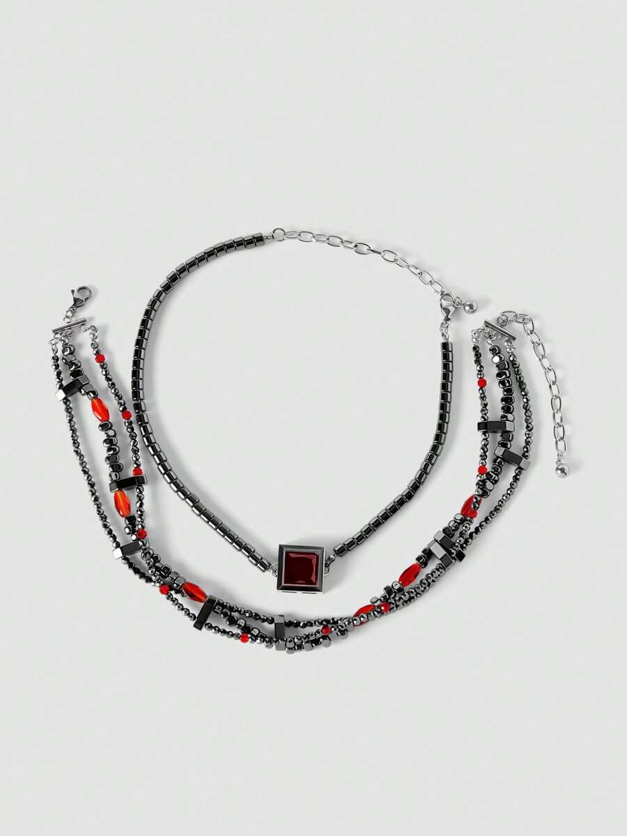 MortiRose Silver Stainless Steel Crystal Bead String Splicing Ruby Embellished Gothic Necklace - Dull Silver - View 1