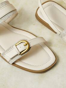 Styleloop Sandal Gaya Maillard Prancis dengan Gesper Emas Ganda, Sol Lembut, Anti Selip, Sepatu Romawi Datar, Cocok untuk Pakaian Musim Panas, Sepatu Serbaguna dengan Tali Pengikat - Aprikot - View 4