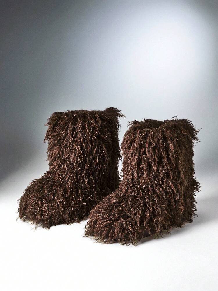 SHEIN Solezae New Women's Mid-Calf Brown Faux Fur Plush Shaggy Furry Warm Cozy Comfort Winter Holiday Festival Flat Bottom Boot Shoe - Brown - View 7