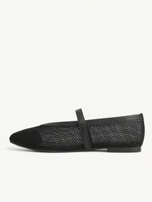 CUCCOO CHICEST Metal Buckle With Square Toe Flat Bottom Mesh Yarn Breathable Solid Color PU Splicing Mary Jane Shoes Women's Daily Commuting Shoes - Black - View 6