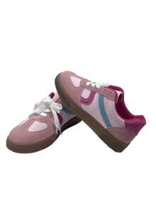 Round Toe Lace-Up Shoes For Women, Versatile Lace Up Flat Sneakers, Low Top Athletic Shoes - Pink - View 5