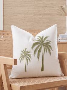 Cirelle 1pc/2pcs Double Palm Tree Embroidered Throw Pillow Covers, Linen‑Textured Square Cushion Cases, Neutral Tropical Coastal Boho Farmhouse Decor For Sofa Bedroom Bay Window Homestay Apartment, Pillow Insert Not Included - Two coconut trees green - View 4