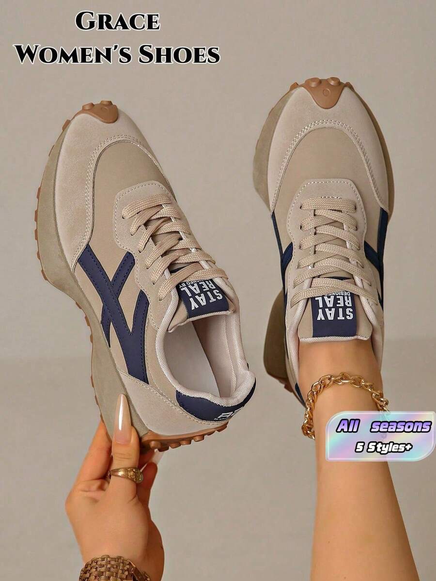 Lightweight Women'S Sports Shoes, Laced Closure, Flat Multi-Functional Sole, Breathable Stitched Design, Multiple Colors Available, Outdoor Shoes For All Seasons - Khaki - View 1