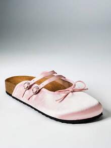 SHEIN Solezae 女款瑪麗珍平底穆勒鞋，雙扣帶圓頭一腳蹬木屐鞋，軟木楔跟休閒舒適鞋 - 粉色 - 查看 6