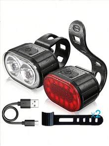 2‑Pack Mountain Bike Front And Rear Lights, USB Rechargeable High‑Brightness LED Bicycle Lights, Handlebar Mount Lamp For Night Riding - Multicolor - View 3