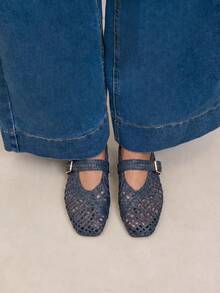Nöista Elegant Mary Jane Flats, Metallic Gold Finish, Featuring Intricate Woven Design, Adjustable Straps And Refined Square Toe - Royal Blue - View 5