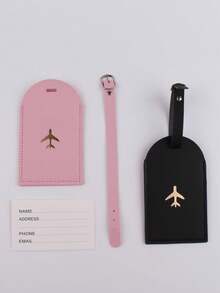 Found Favorite 2PCS Fashionable And Lightweight Suitable For Flight Back To School Simple Style Fashionable Style Airplane Pattern Luggage Card Travel Set - Black + Pink - View 3