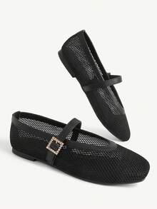 CUCCOO CHICEST Metal Buckle With Square Toe Flat Bottom Mesh Yarn Breathable Solid Color PU Splicing Mary Jane Shoes Women's Daily Commuting Shoes - Black - View 4