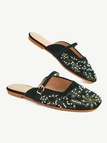 CUCCOO CHICEST New Square Toe Flat Bottom Army Green Embroidery Seam Pearl Women's Flat Bottom Shoes Fashionable, Elegant And Comfortable Breathable Mules Fall Shoes - Army Green - View 3