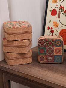 1PC Vintage Bohemian Square Print Jewelry Storage Box Organizer Case For Necklace Ring Bracelet Portable Travel Home Office Decor Daily Use Gift - Multicolor - View 9
