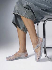 SHEIN Solezae Curve Toe Perspex Caged In Jelly Flats - Clear - View 5