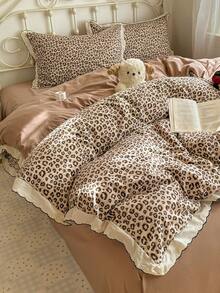 Cirelle 3pcs Leopard Print Duvet Cover Set, Ultra Soft Microfiber Reversible Bedding Set With Ruffle Lace Border, Animal Print Comforter Cover With 2 Shams (No Insert) - caramel leopard print - View 4