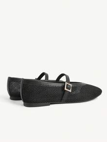 CUCCOO CHICEST Metal Buckle With Square Toe Flat Bottom Mesh Yarn Breathable Solid Color PU Splicing Mary Jane Shoes Women's Daily Commuting Shoes - Black - View 5