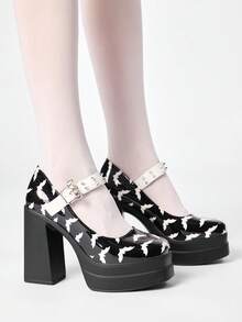 ROMWE Grunge Punk Fashion Women's Platform High-Heeled Shoes, Punk Gothic, Bat Buckle Rivet Inlay, Shoe Body Bat Pattern, Classic Sexy Adaptation To Parties Fall Shoes - Black - View 4
