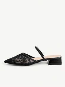 CUCCOO CHICEST Women's Black Lace Pointed Toe Low Block Heel Mule Daily Office Commute Flat Shoes Fall Shoes - Black 1 - View 5