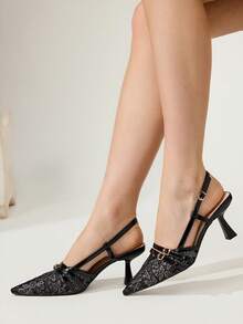 CUCCOO CHICEST Women's Floral Lace Slingback Heels, Pointed Toe Double Buckle Strap Stiletto Sandals, Elegant Mesh Backless High Heels For Wedding Date Party - Black - View 4
