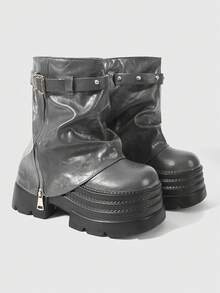 ROMWE Grunge Punk 女款深色搖滾龐克哥德風綁帶灰色皮革騎士靴 坡跟厚底機車靴 戶外登山靴 - 厚底灰色皮帶扣 - 查看 2