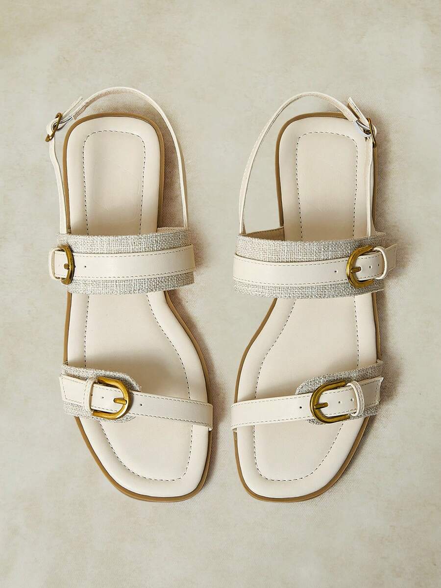 Styleloop Sandal Gaya Maillard Prancis dengan Gesper Emas Ganda, Sol Lembut, Anti Selip, Sepatu Romawi Datar, Cocok untuk Pakaian Musim Panas, Sepatu Serbaguna dengan Tali Pengikat - Aprikot - View 1
