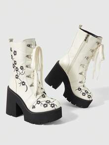 ROMWE Fairycore Women's Thick-Soled Thick-Heeled Medium-Heeled Boots, Punk-Style Gothic Street-Style Embroidered Thread-Patterned Strap-On Side Zipper Thick-Soled Boo Fall Boots - beige cream - View 3