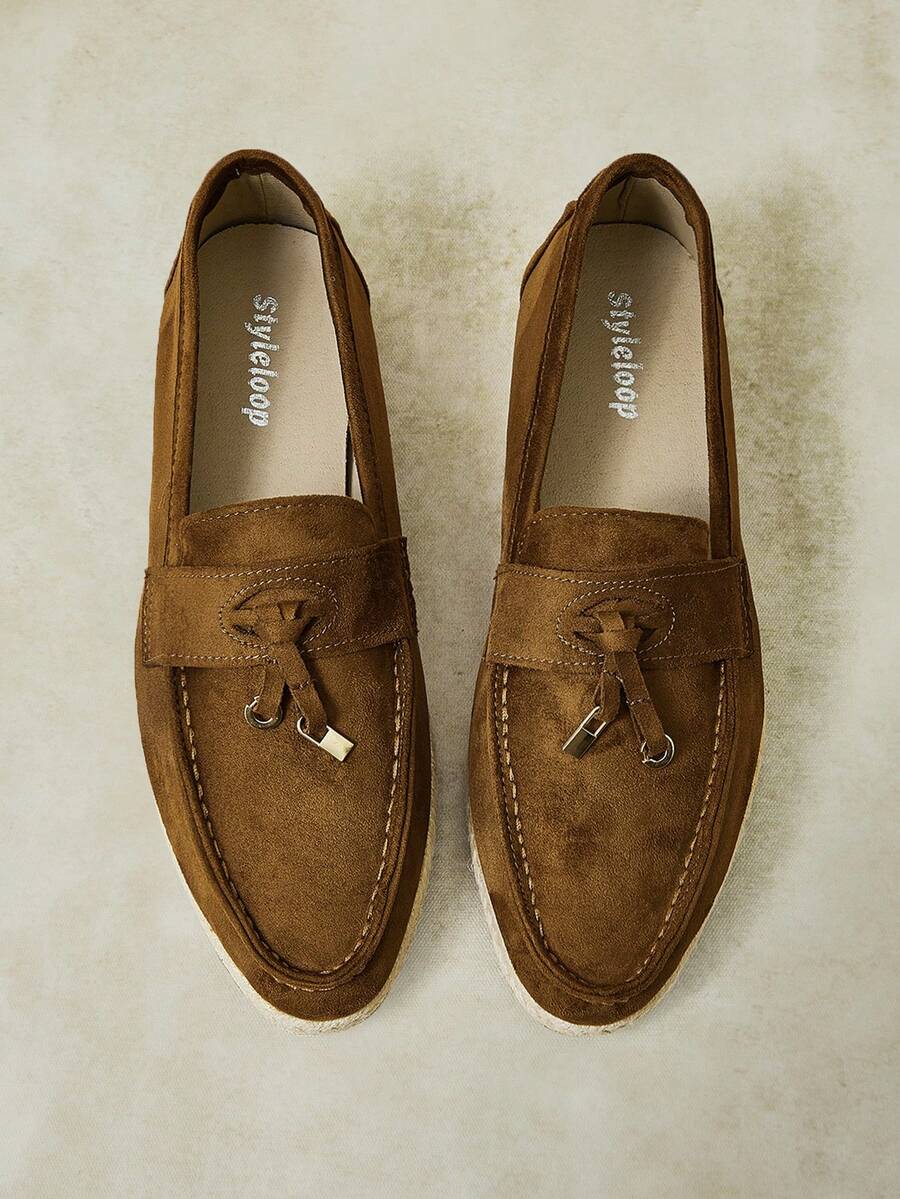 Styleloop Metal Buckle Tassel Straw Woven Bottom Square Round Toe Flat Bottom Loafers, Retro Dark Coffee Imitation Suede Slouchy Slip-On Casual Fisherman - Coffee Brown - View 1