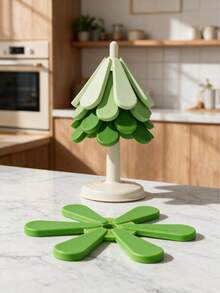 Joivida 1PC/1SET Tree Shaped Foldable Heat Resistant Trivet, Gradient Green Silicone Pad With Creative Tree Modeling, Smooth Solid Surface And Split Foldable Design, Works As Anti-Scald Table Protector To Block High Temperature And Prevent Tabletop Scratches - Multicolor - View 4