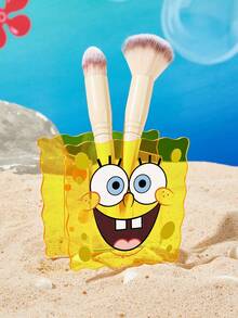 SpongeBob SquarePants | SHEIN Yellow Sponge Shaped Acrylic Storage Holder, Clear Textured Material. Organize Makeup Brushes, Cosmetics And Stationery For Vanity Desks & Student Workspaces - Yellow - View 2