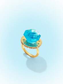 Popjeli Large Octagonal Cut Open Ring, Gilt Lettering Heavy Industry Wide Face Y2K Spice Girl Ring - Gold - Blue - View 1