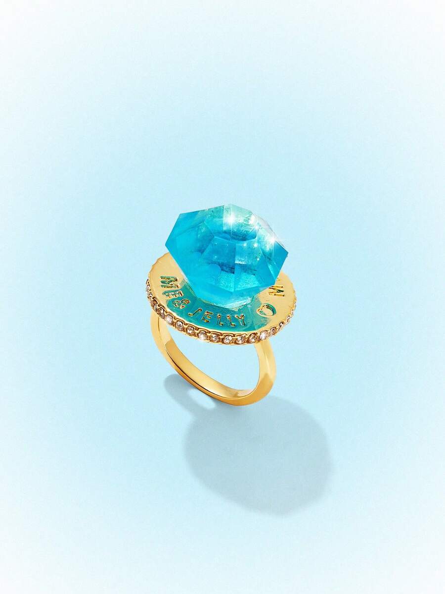 Popjeli Large Octagonal Cut Open Ring, Gilt Lettering Heavy Industry Wide Face Y2K Spice Girl Ring - Gold - Blue - View 1