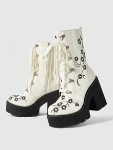 ROMWE Fairycore Women's Thick-Soled Thick-Heeled Medium-Heeled Boots, Punk-Style Gothic Street-Style Embroidered Thread-Patterned Strap-On Side Zipper Thick-Soled Boo Fall Boots - beige cream - View 6