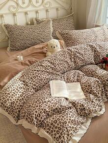 Cirelle 3pcs Leopard Print Duvet Cover Set, Ultra Soft Microfiber Reversible Bedding Set With Ruffle Lace Border, Animal Print Comforter Cover With 2 Shams (No Insert) - caramel leopard print - View 6