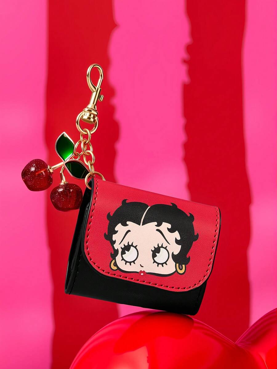 Betty Boop x SHEIN 復古女士印花藍牙耳機保護殼,附櫻桃吊飾掛鉤,硬殼防震,可掛在包包上,適合女生日常攜帶無線耳機 - 彩色 - 查看 1