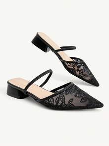 CUCCOO CHICEST Women's Black Lace Pointed Toe Low Block Heel Mule Daily Office Commute Flat Shoes Fall Shoes - Black 1 - View 4