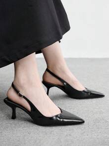 CUCCOO BIZCHIC 春夏新款尖頭細高跟中跟黑色舒適百搭氣質優雅亮面低鞋口後跟提升通勤約會女鞋 - 黑色C - 查看 5