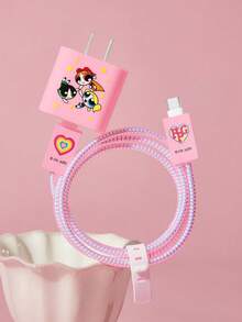 THE POWERPUFF GIRLS X SHEIN 3件組數據線保護套，適用於充電器，櫻桃印花圖案，充電器保護套（不含數據線） - 粉色 - 查看 1