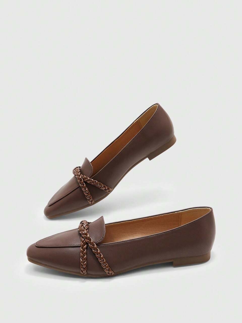CUCCOO BIZCHIC Women's Shoes Four Seasons Coffee Brown Glossy Small Square Toe Foot Set Woven Cross Ribbon Loafers Commuter Simple Style Flat Sole Shoes Daily Wear
