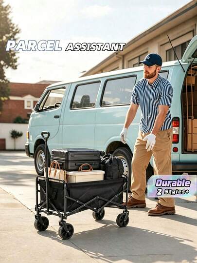 1PC Black Folding Outdoor Wagon Solid Tires 360 Degree Swivel Wheels 330Lbs Load Capacity 600D Ripstop Fabric Multipurpose Camping Garden Beach Shopping Portable Cart For Camping Vacation Shopping