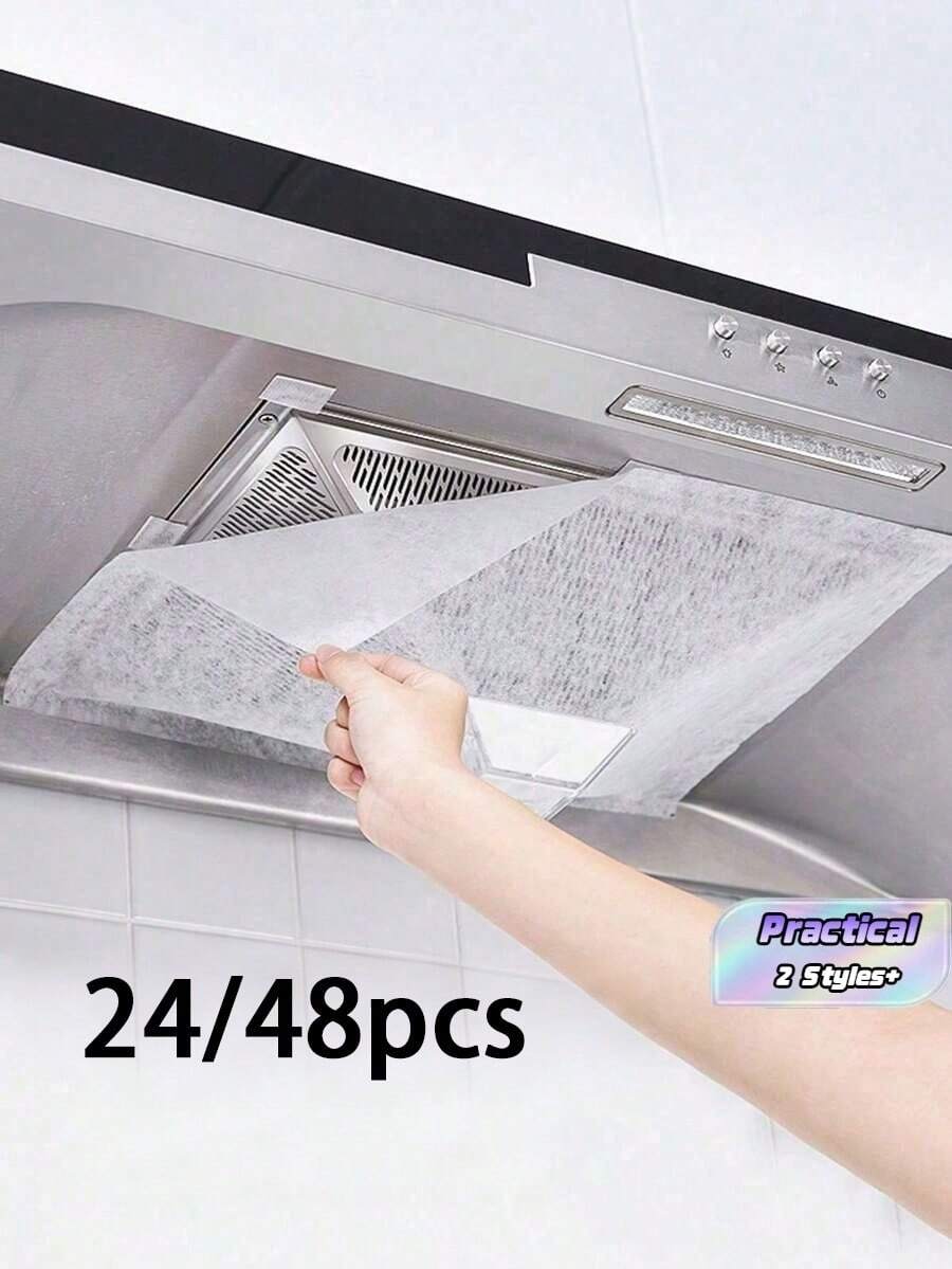 12/24pcs Disposable High Efficiency Smokeless Kitchen Range Hood Oil Filter Papers, Universal Size, With Durable Adhesive Protective Film - A - View 1