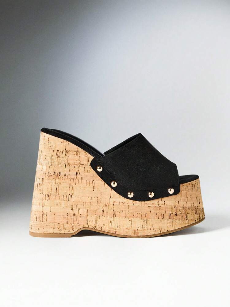 SHEIN Solezae Women's Widefit Platform Wedge Slide Sandals, Open Toe Studded Upper Cork Wedge Heel Mules, Casual Vacation Shoes - Black - View 2