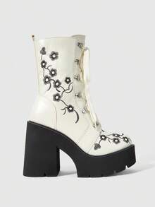 ROMWE Fairycore Women's Thick-Soled Thick-Heeled Medium-Heeled Boots, Punk-Style Gothic Street-Style Embroidered Thread-Patterned Strap-On Side Zipper Thick-Soled Boo Fall Boots - beige cream - View 2