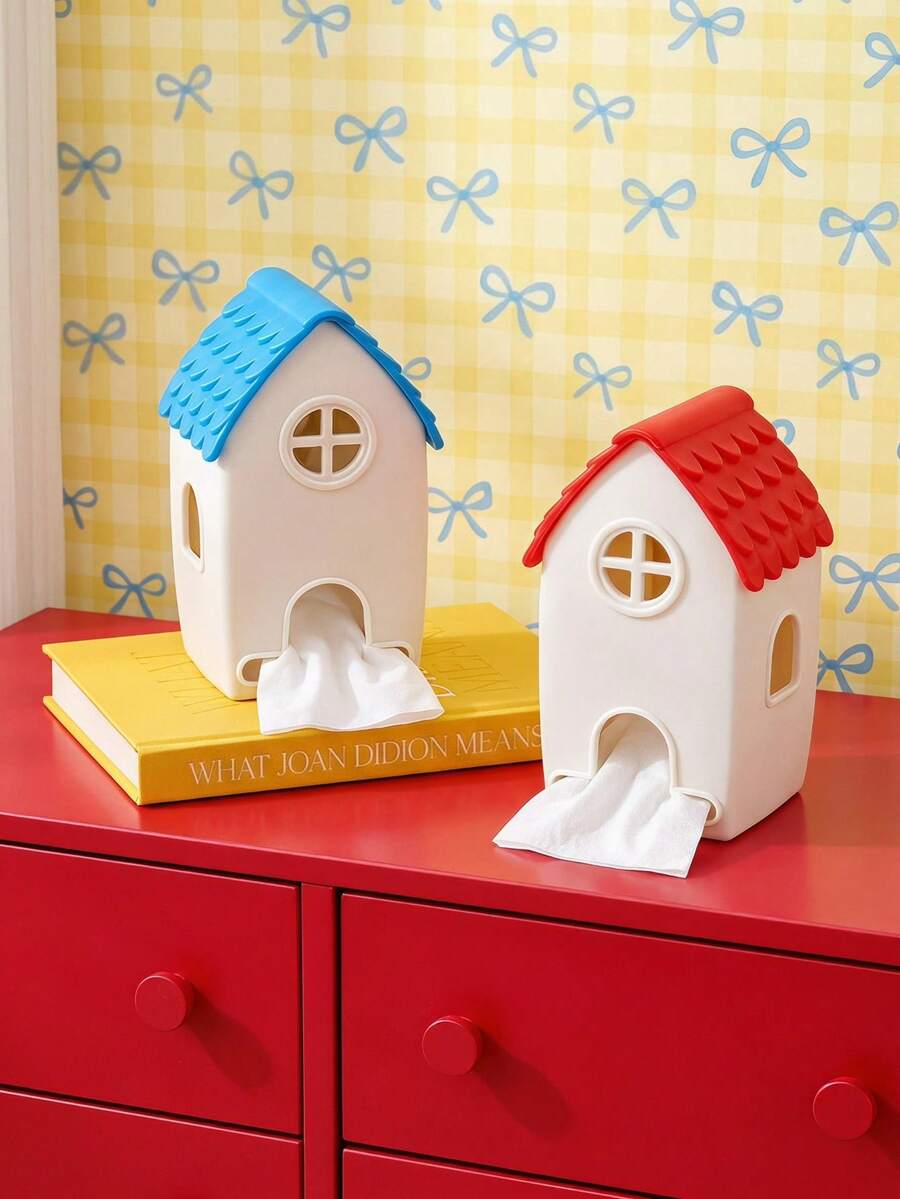 Joivida Cute Cartoon House-Shaped Tissue Holder With Textured Tiled Roof, Available In Blue And Red Roof Options, It Allows Easy Access To Paper Tissues. It Works As Practical Daily Storage As Well As Charming Decorative Ornament To Spruce Up Living Room - Multicolor - View 1