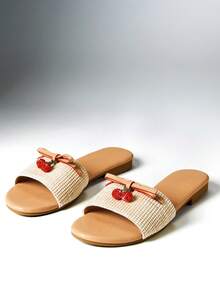 SHEIN Solezae Women Cherry Fruit Decor Slip-On Open Toe Everyday Summer Dreamy Cute Raffia PU Flat Sandals Valentine's Day Summer Shoes - Beige - View 6