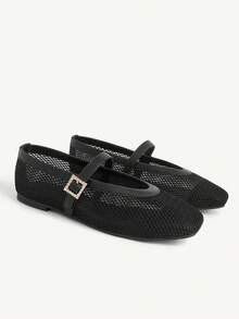 CUCCOO CHICEST Metal Buckle With Square Toe Flat Bottom Mesh Yarn Breathable Solid Color PU Splicing Mary Jane Shoes Women's Daily Commuting Shoes - Black - View 1